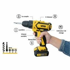 Discount 😀 Vito Perceuse Visseuse 14,4V 3 batteries lithium-ion 2.0Ah + Chargeur rapide Eclairage LED Indicateur de charge 🎉 -Sam Outillage STORE 3701107718818 3
