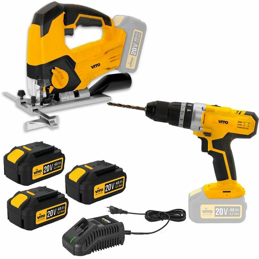 Best Pirce ⭐ Pack 2 Outils sans fil 20V Scie sauteuse + Perceuse Visseuse VITOPOWER + 2 Batteries 4.0 Ah + 1 Chargeur rapide ✨ 1 Best Pirce ⭐ Pack 2 Outils sans fil 20V Scie sauteuse + Perceuse Visseuse VITOPOWER + 2 Batteries 4.0 Ah + 1 Chargeur rapide ✨