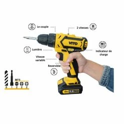 Promo 🔥 Perceuse Visseuse 14.4V + 2 batteries Lithium 2Ah VITO + Coffret 32 Embouts + Gants + Chargeur et Mallette VITOPropower 😀 -Sam Outillage STORE 3701107756179 5