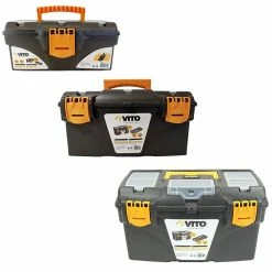Coupon ⭐ Pack 3 boîtes à outils VITO 13" 16" et 18" Robustes Poignée rétractable Porte outil amovible Couvercle 3 compartiments 🎉