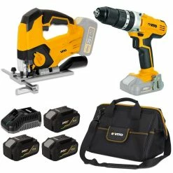 Best deal 😀 Pack 2 outils sans fil 20V Scie sauteuse Perceuse/visseuse 3 batteries lithium 4Ah VITO Chargeur Rapide + Sacoche à outils ✔️