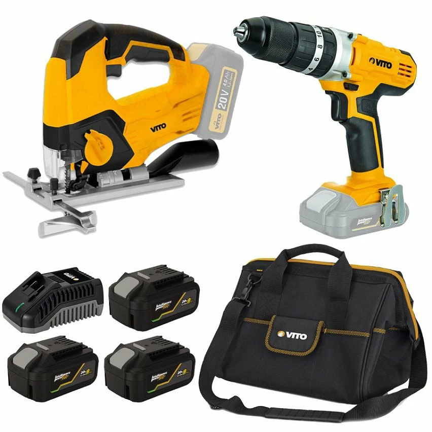 Best deal 😀 Pack 2 outils sans fil 20V Scie sauteuse Perceuse/visseuse 3 batteries lithium 4Ah VITO Chargeur Rapide + Sacoche à outils ✔️ 1 Best deal 😀 Pack 2 outils sans fil 20V Scie sauteuse Perceuse/visseuse 3 batteries lithium 4Ah VITO Chargeur Rapide + Sacoche à outils ✔️