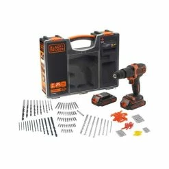 Outlet 🎁 Black & Decker Perceuse à percussion sans fil 18V 2 batteries Li-Ion 1.5 Ah + 160 accessoires Black+Decker BDCHD18BOA 🛒