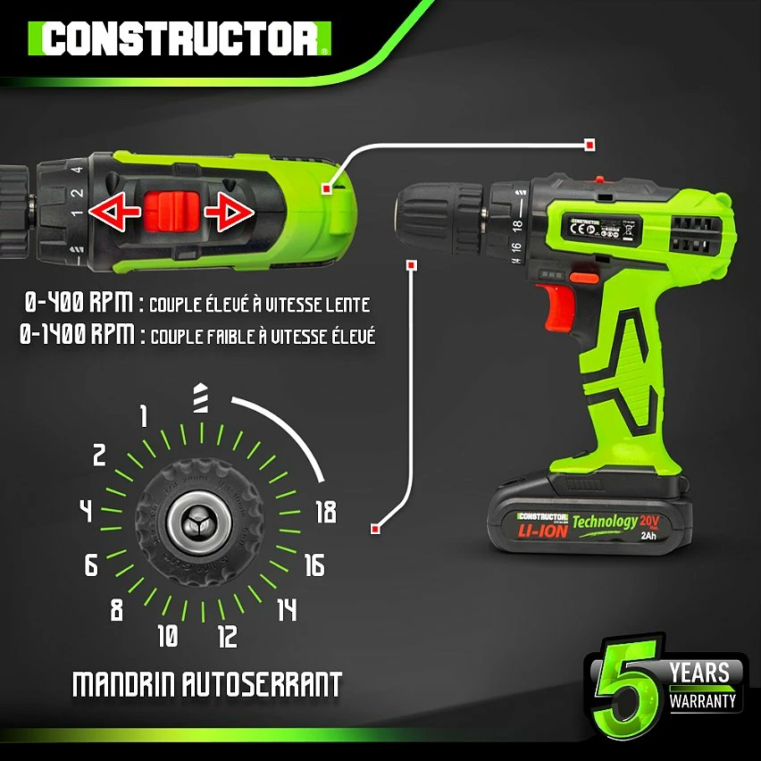 Flash Sale 🛒 Perceuse visseuse 20V lithium-2 batteries - Chargeur rapide - Constructor 😀 3 Flash Sale 🛒 Perceuse visseuse 20V lithium-2 batteries - Chargeur rapide - Constructor 😀 – Image 3