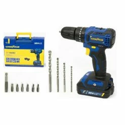 Brand new 👍 Perceuse visseuse à percussion 20V Brushless Batterie lithium 2,0Ah Couple 27 Nm + 11 Accessoires Malette GOODYEAR 🤩